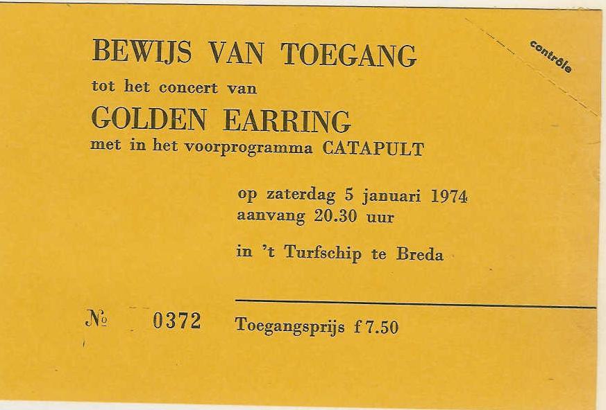 Golden Earring ticket#372 January 05 1974 Breda - Turfschip